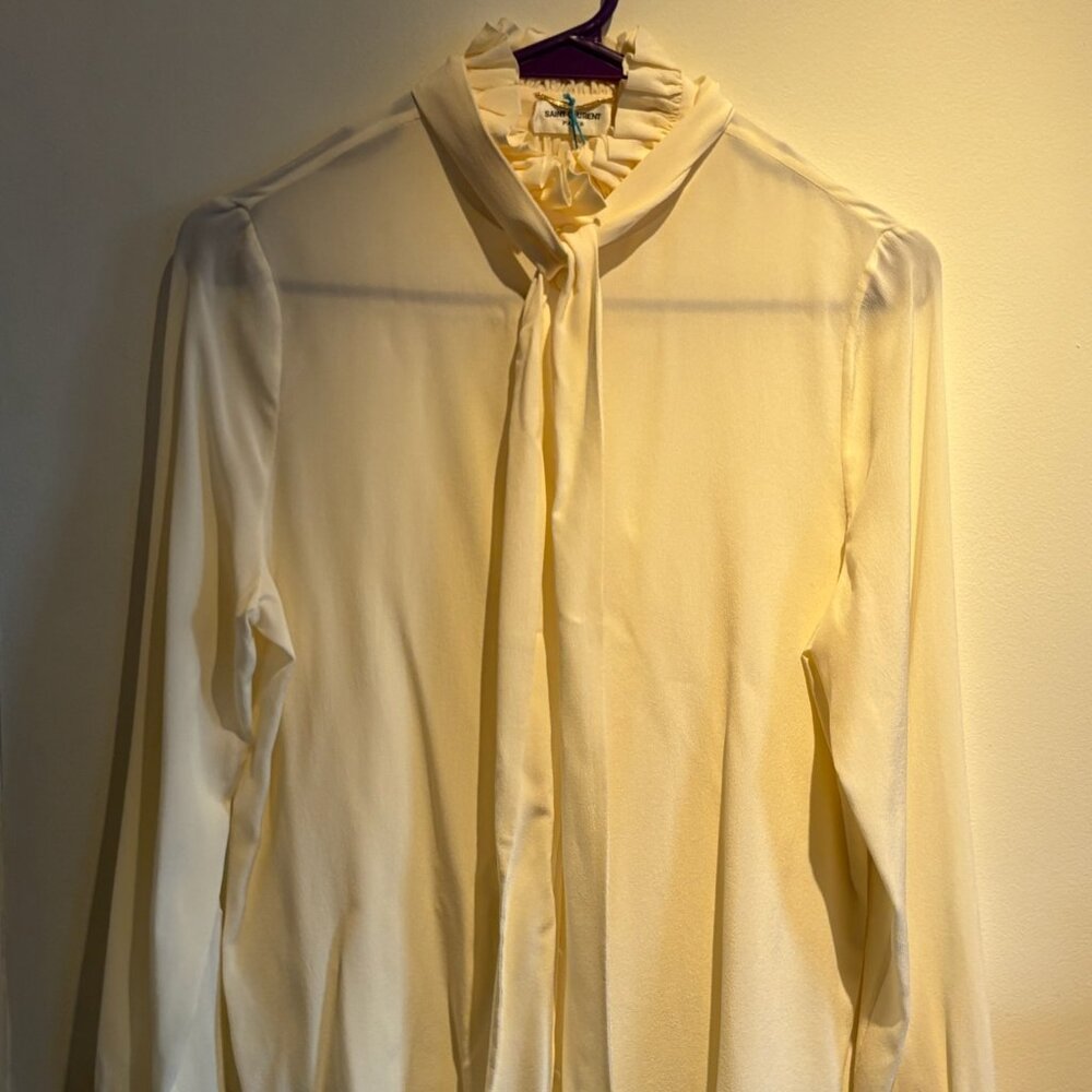Yves Saint Lauren - Cream Long Sleeve Button Down Shirt with Ruffles
